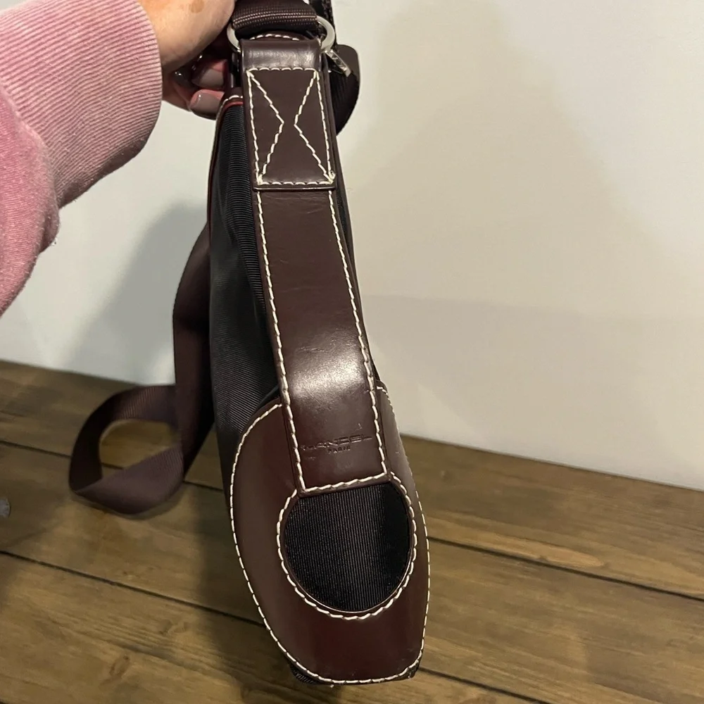 Lancel black nylon messenger crossbody bag with brown leather trim